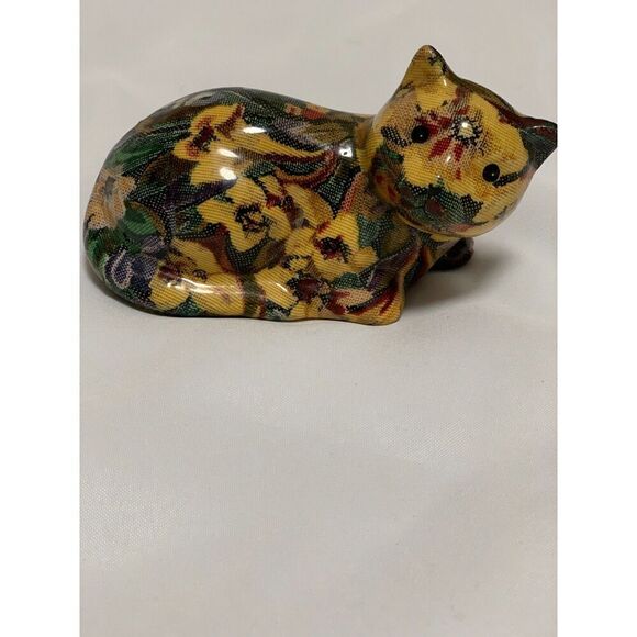 Vintage 1960's Floral Fabric Glazed Decoupage Cat Figurine, ceramic decorative - Picture 6 of 9